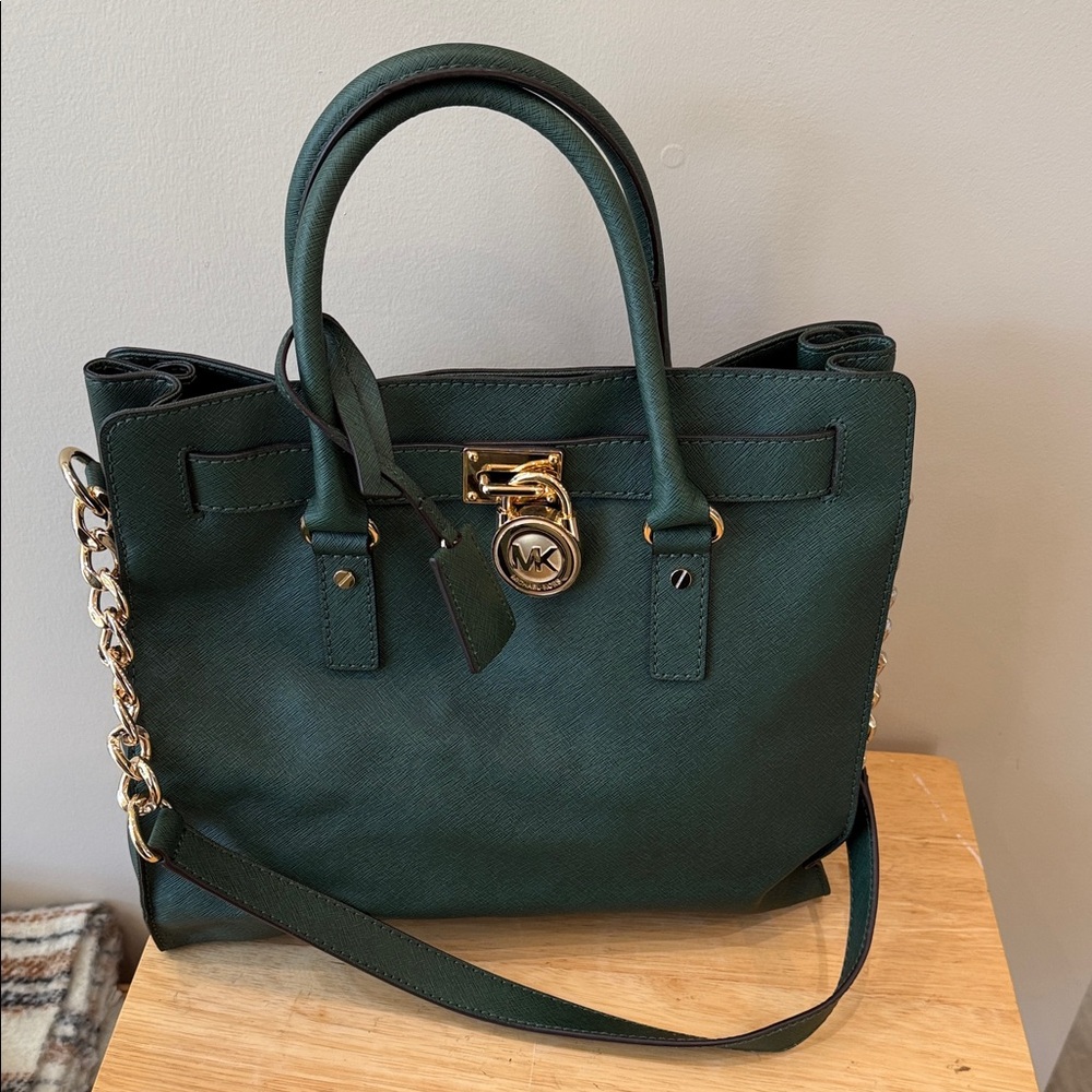 Michael Kors Dark Green Satchel with Gold Accents